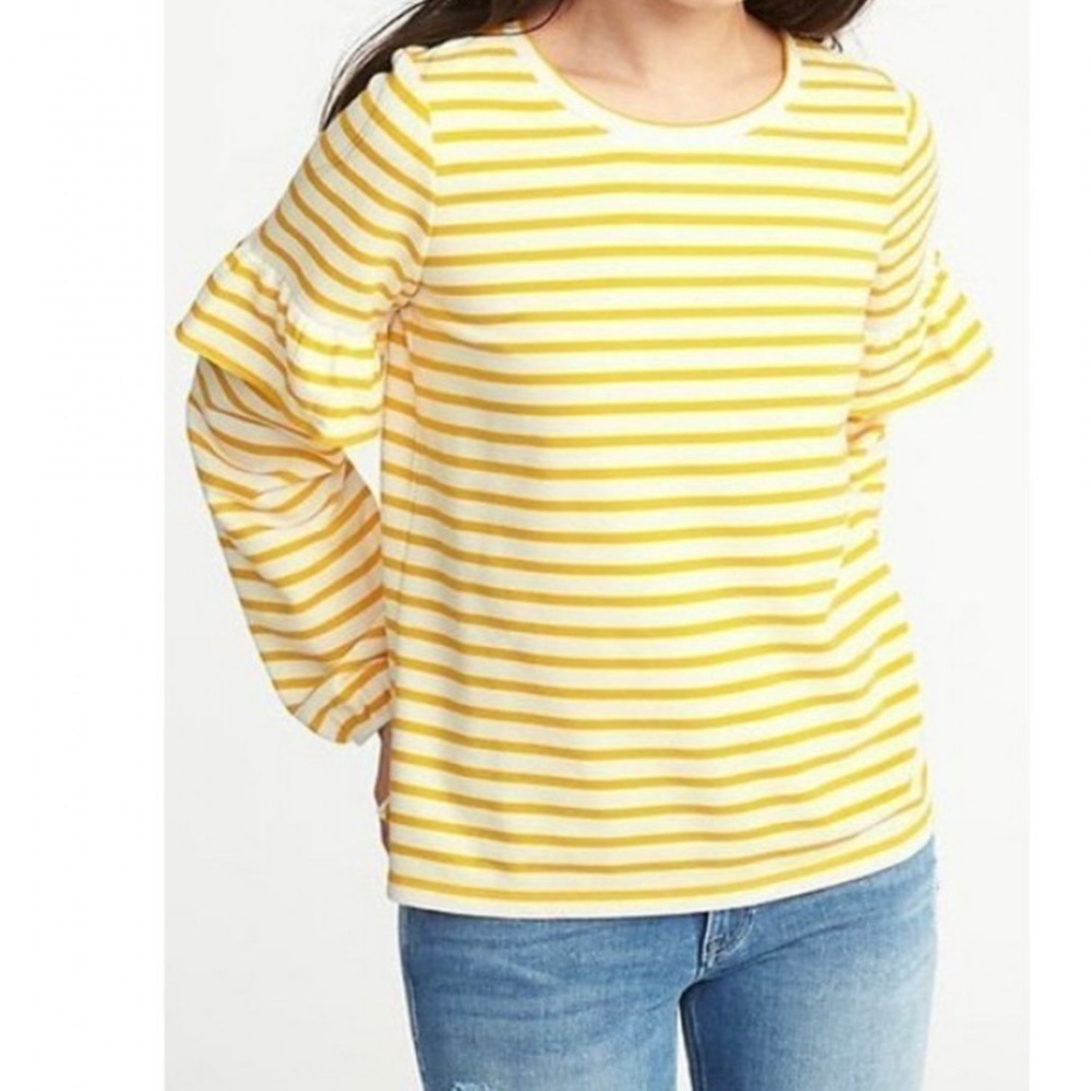 Old Navy Lemon Yellow Ruffled Stripe Pull On Crewneck Sweatshirt Top Small
